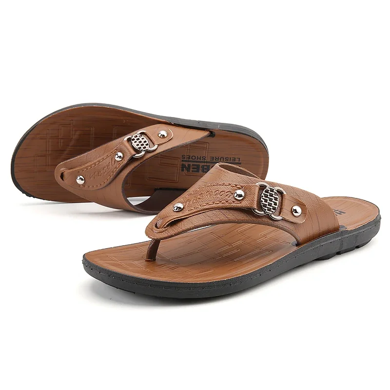 2024 Summer Handmade Leather Slippers Trendy Fashion Men's Flip-flops Outdoor Breathable Comfortable Men and Simple Sandals