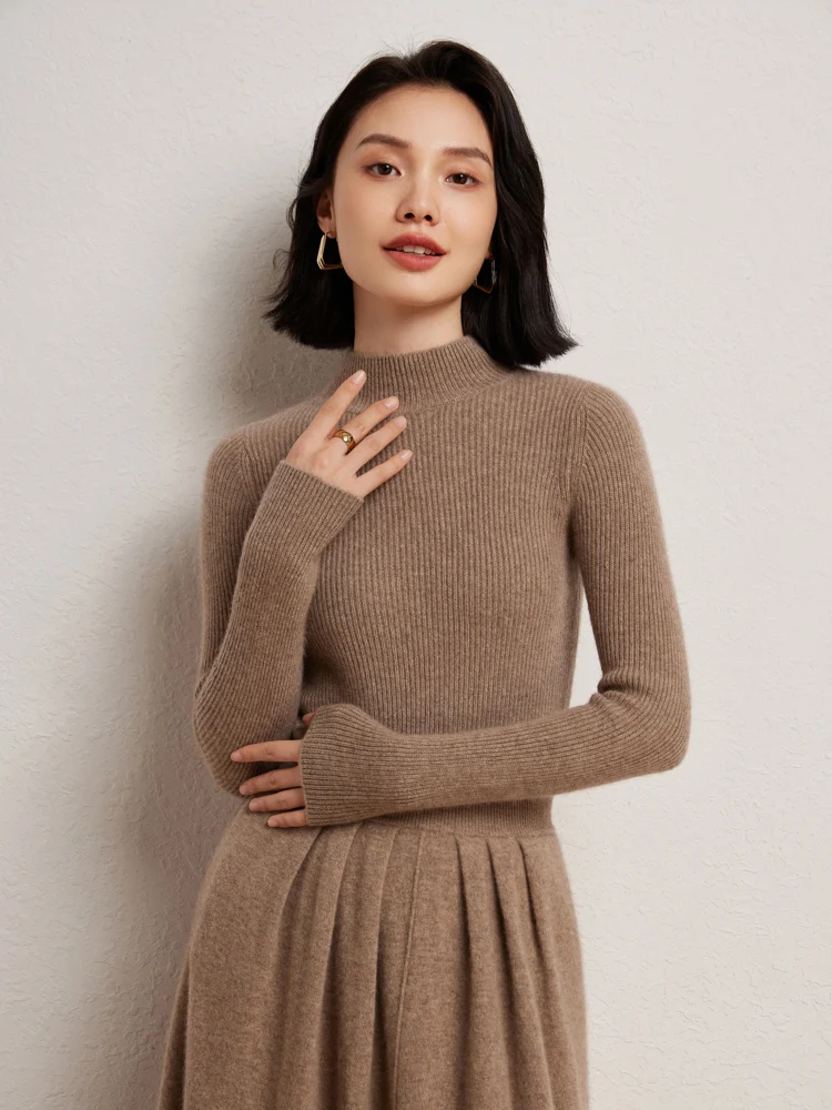 Women\'s 100% Cashmere Sweater Mock Neck Slim Pullover Basic Thick Cashmere Knitwear Autumn Winter Soft Warm Long Sleeve Clothing