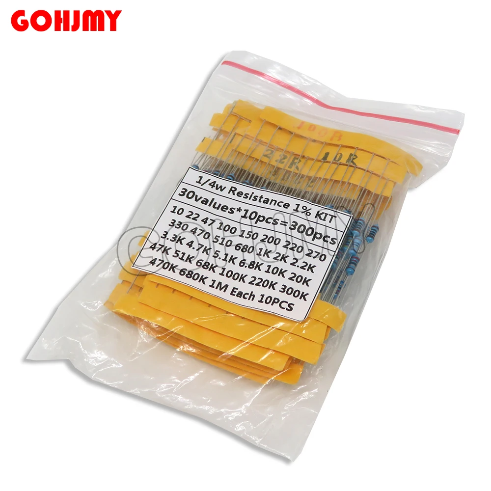 30 tipi di resistenza 1/4W 1% pacchetto resistore a film metallico kit assortito 1K 10K 100K 10R 100R 220ohm 1M resistori 300 pz/set