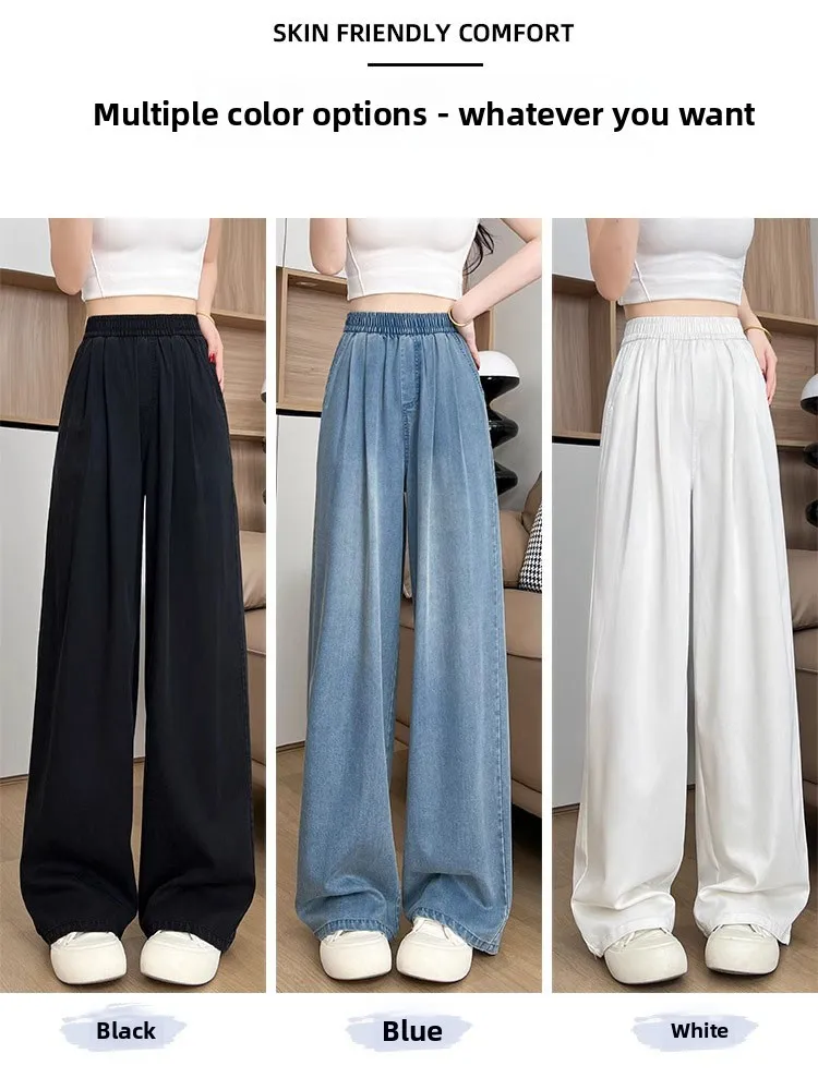 Pantalon en jean de soie Bla pour femme automne mince droit ample taille élastique pantalon à jambes larges sensation de fraîcheur coupe ample taille haute longue...
