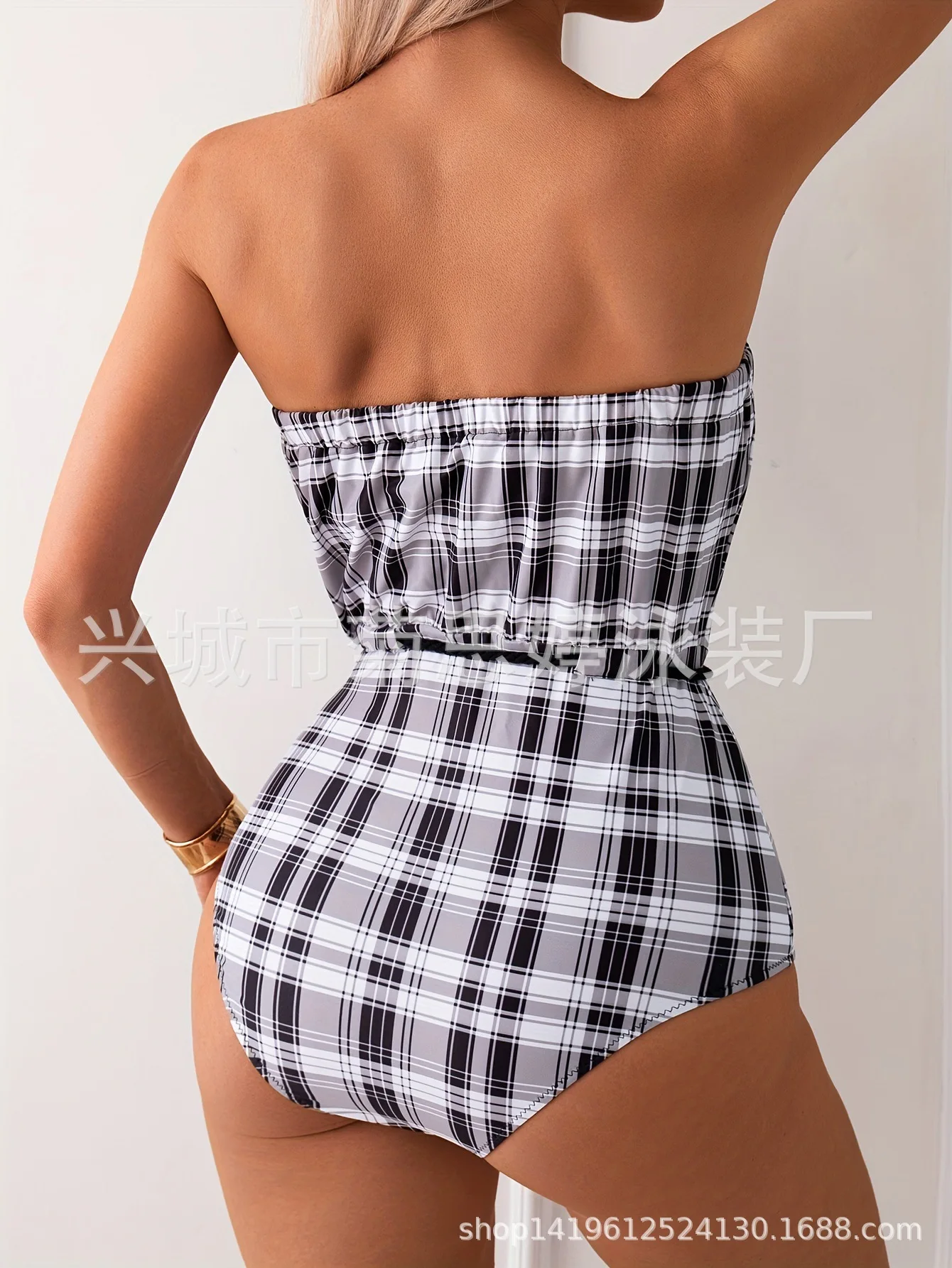 2026 Checkered Bandeau Backless One Piece Swimsuit Women Tummy Control Push Up Bodysuit Swimwear Beach Vacation Summer Outfits
