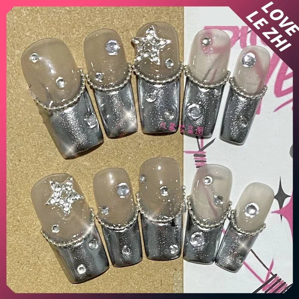 10Pcs Fashion Y2K High-End Handmade Long Coffin Press On Nails 3D Five-Pointed Star Repeatable Wearable Fake Nail Customizable