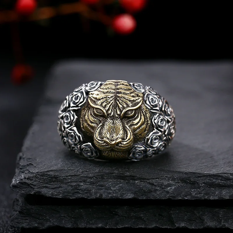 Wholesale 925 sterling silver rose tiger head ring, men's living ring, Thai silver retro vintage vintage vintage personalized je