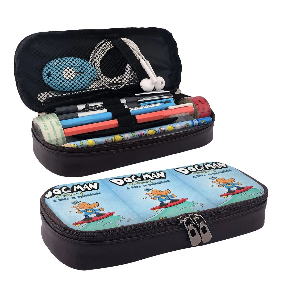 Dog Man Movie Dav Pilkey Leather Pencil Case for Boy Girl School Pen Box Pencil Bag Stationery Supplies Pen Holder Bag