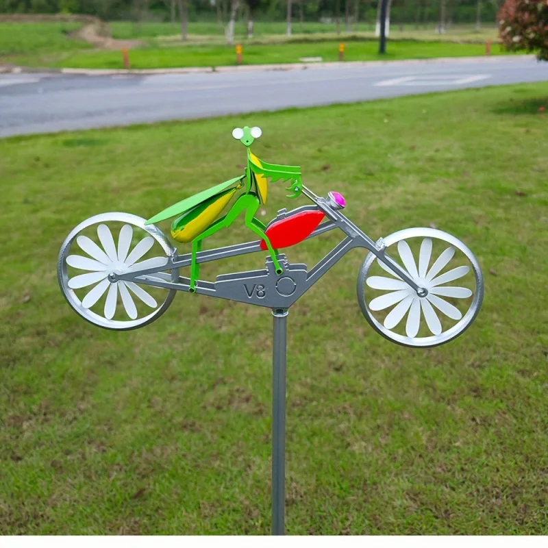 1-Pack Metal Mantis Bicycle Weathervane - Garden Wind Spinner, Outdoor Yard Art Windmill Decor
