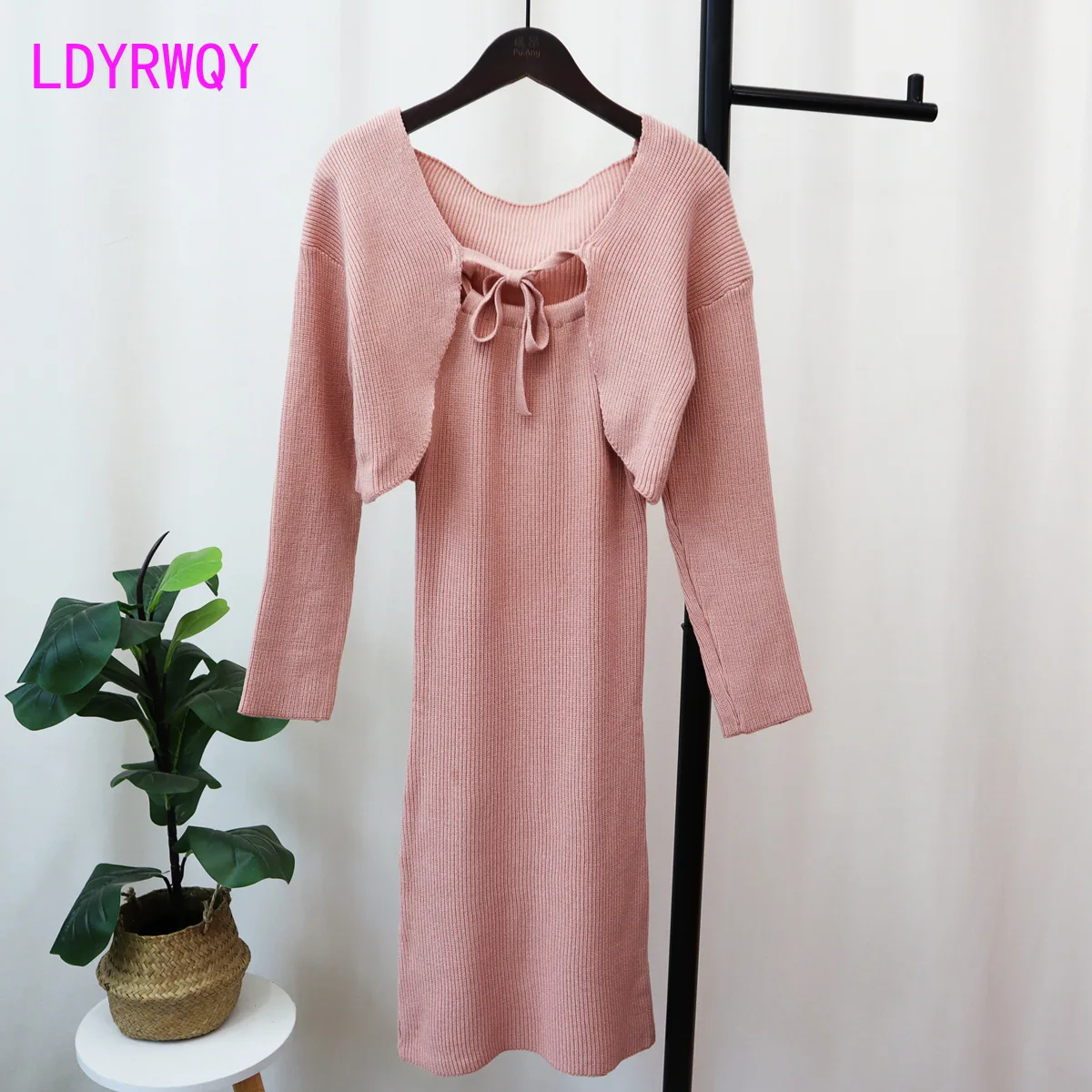 Off Shoulder Hanging Neck Knitted Dress Two Piece Set for Women's New Style Slim Fit Wrapped Hip Skirt Sweater Set