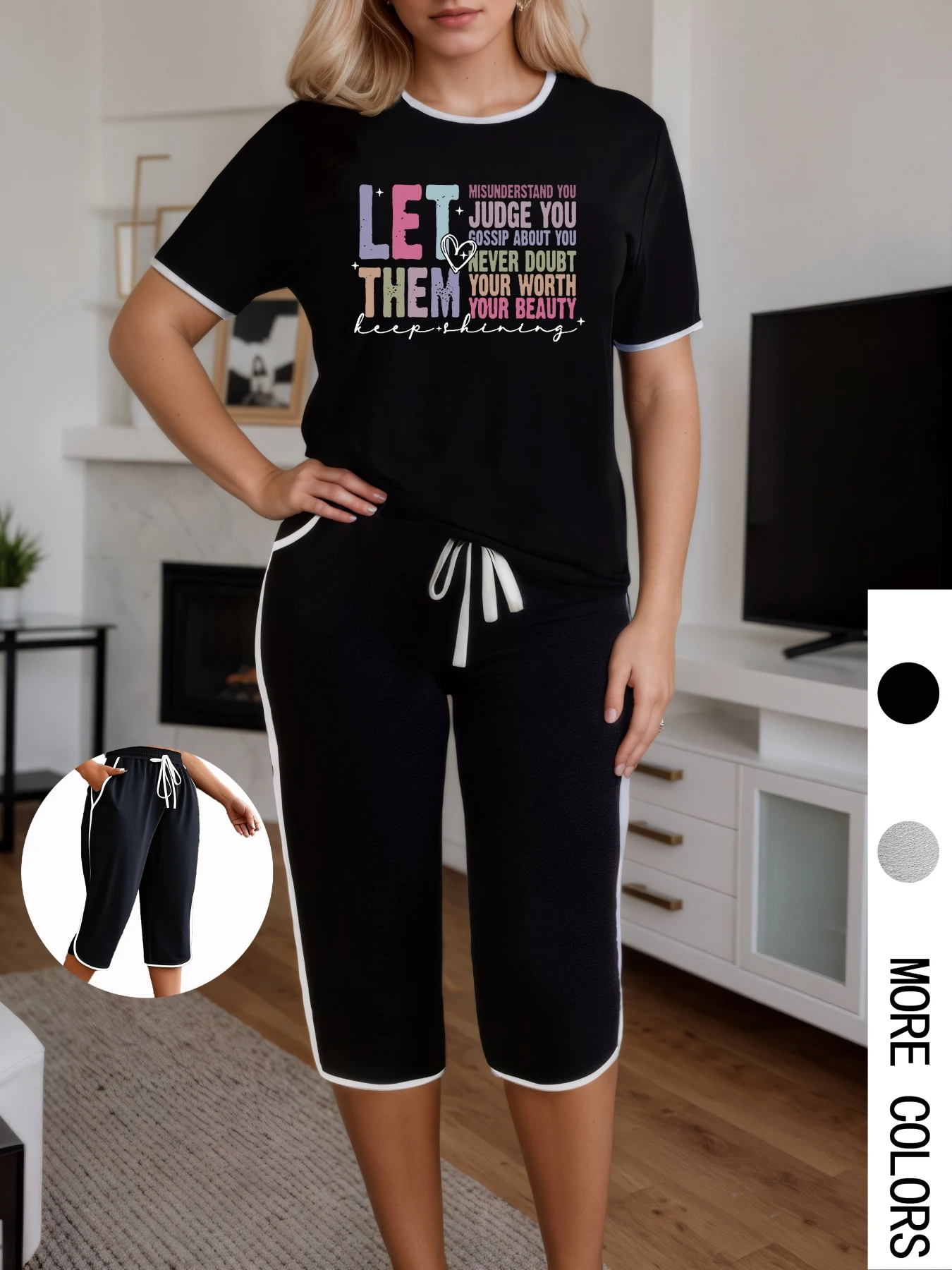 

Plus Size Women Two Piece Set Letter Print Short Sleeve T-shirt Capri Pants Summer Suits Oversize Ladies 2 Piece Outfits