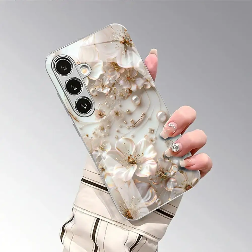 Flower realistic gradient glass phone case suitable for Samsung GalaxyS26 S25 S24 S23 S22 S20FE/Ultra/Plus shockproof back cover