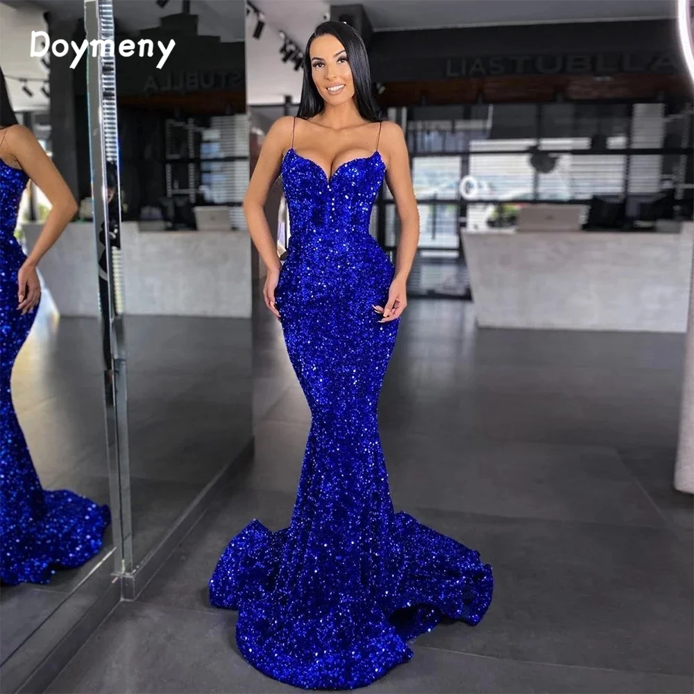 

Doymeny Spaghetti Straps Mermaid Evening Dresses Sparkling Velvet Sequined Girl Arabic Fiesta De Noche Robe فساتين سهره فاخره