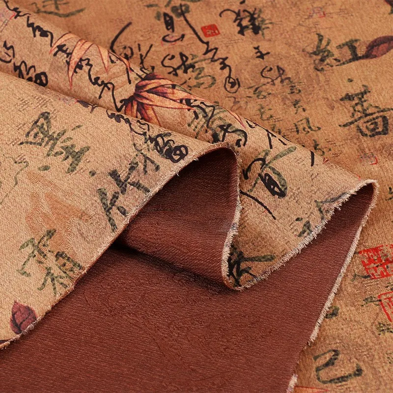 Kain jacquard gunung kelas berat Xiangyunsha karakter kaligrafi cheongsam Hanfu gaya kuno