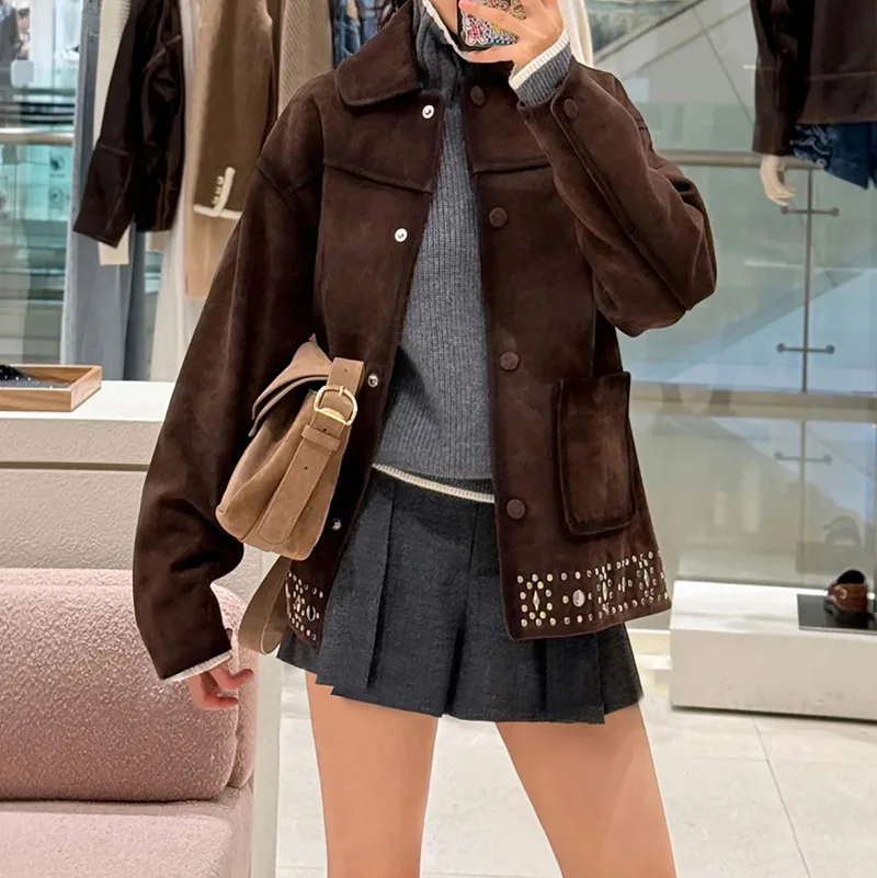 【هدية مجانية】2025 سترة كلاسيكية لخريف وشتاء فرنسية-إيطالية مرصعة بكتف منسدل فضفاضة من جلد الغزال #2