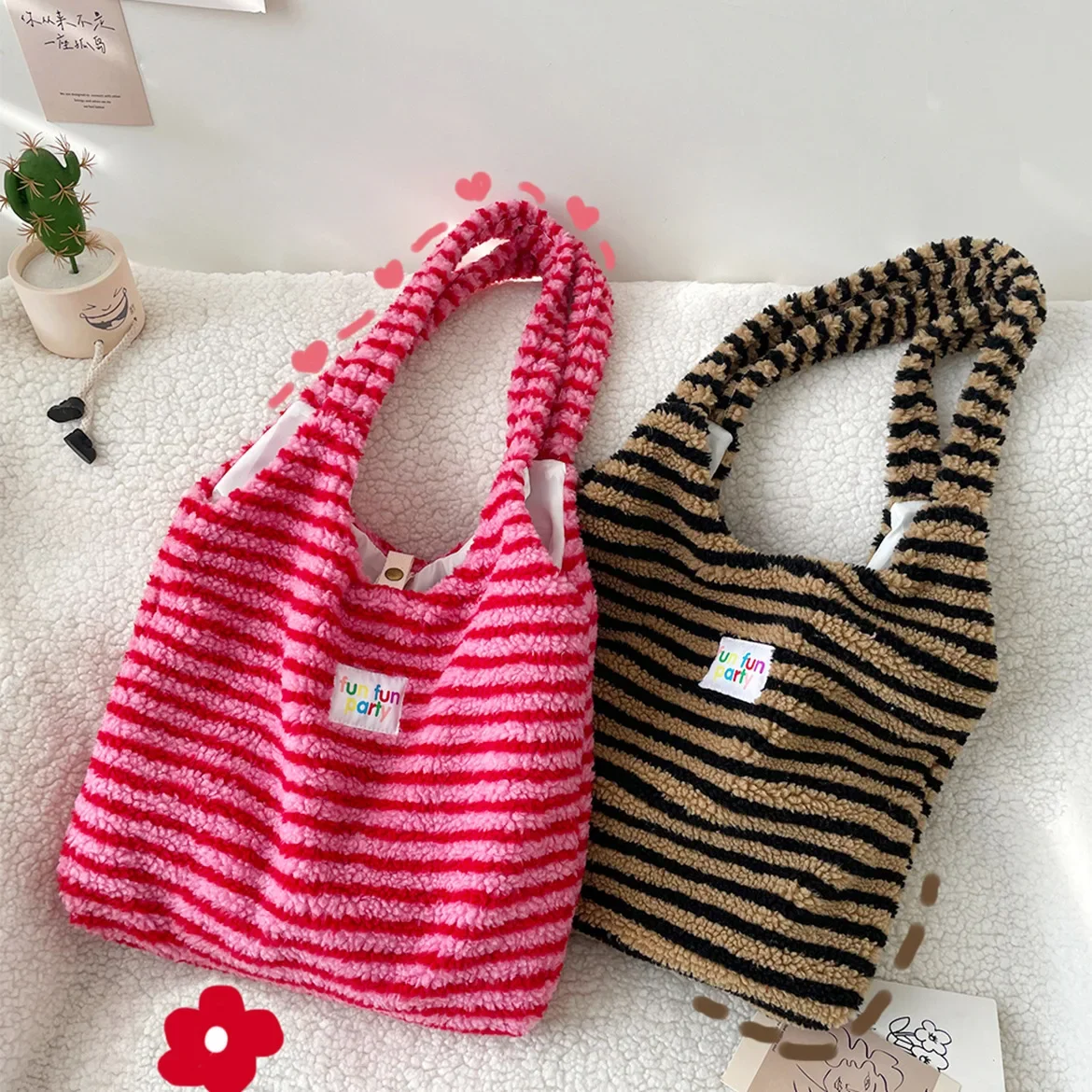 

Soft Plush Stripe Women's Shoulder Bag Large Capacity Ladies Shopping Bags Cute Female Travel Tote Faux Lamb Wool Handbags Purse