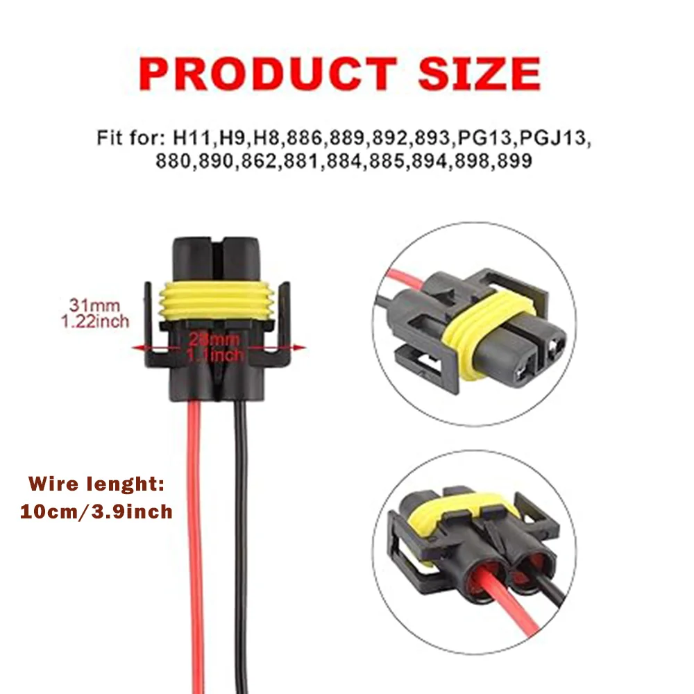 2pcs Female Adapter Connector 12-24V H8/H9/H11 Bulb Socket Female Adapter Auto Accessories Replacement for Headlight Fog Light