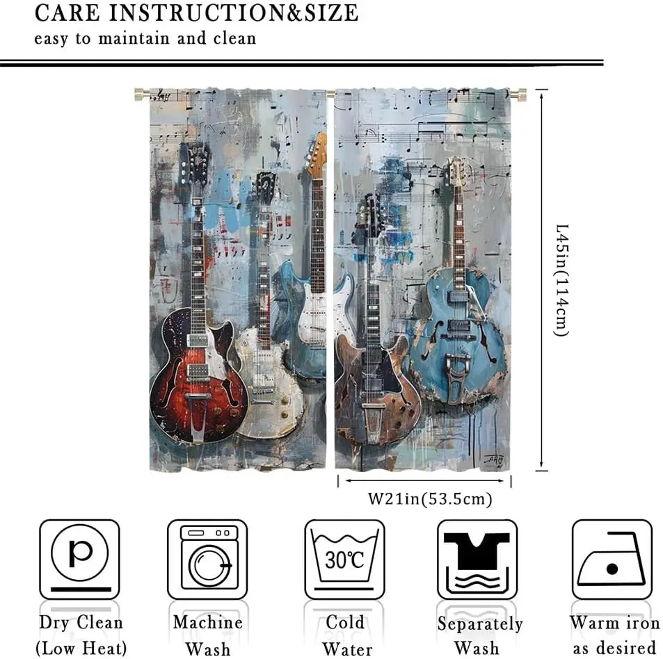Rustic Instrument Guitar Privacy Blackout Curtains Vintage Mid Century Watercolor Street Graffiti Art Guitar for Living 2Panels
