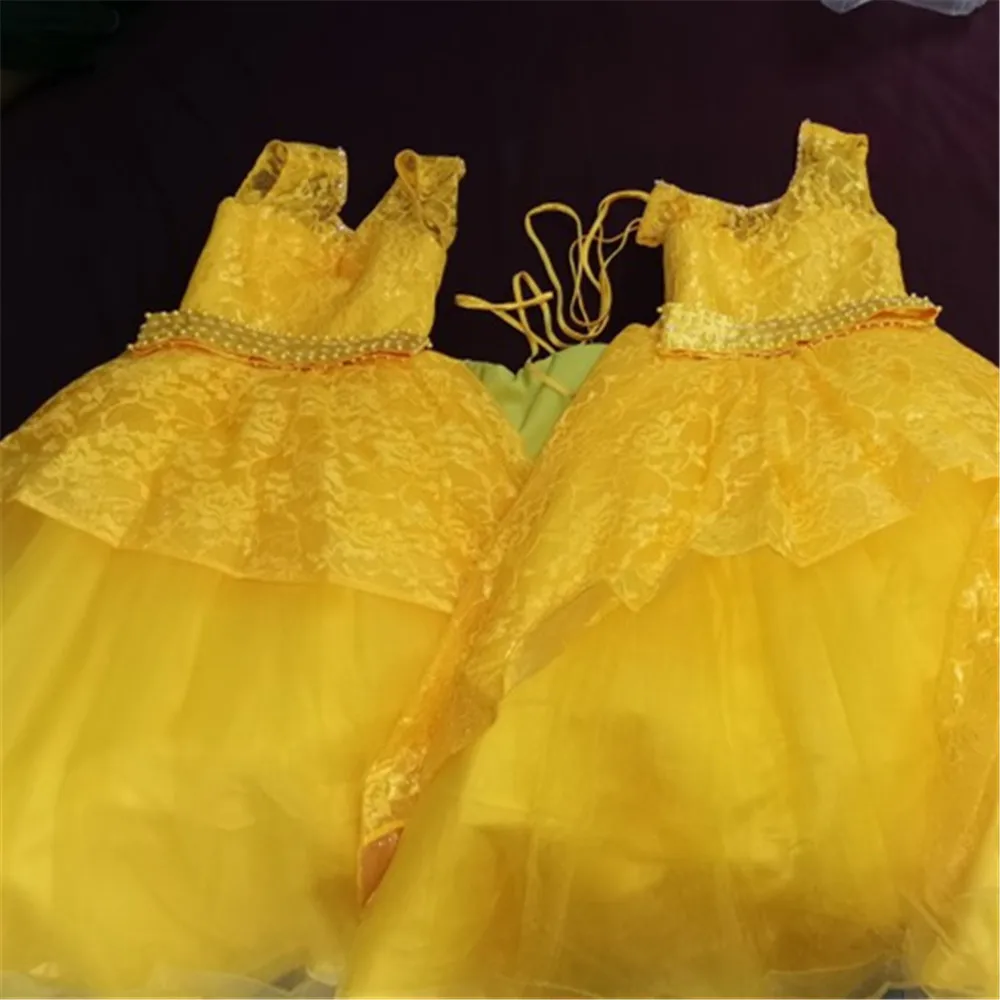 Abito da ragazza di fiore con delaminazione gialla di qualità di lusso, tulle soffice, ballo di nozze, spettacolo di bellezza, abiti da sera di compleanno per bambini