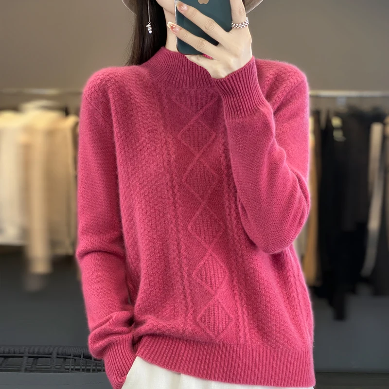 Autumn/Winter Thickened Women's Semi-Turtleneck 100% Merino Wool Long-sleeved Jacquard Pullover Solid Color Korean Top