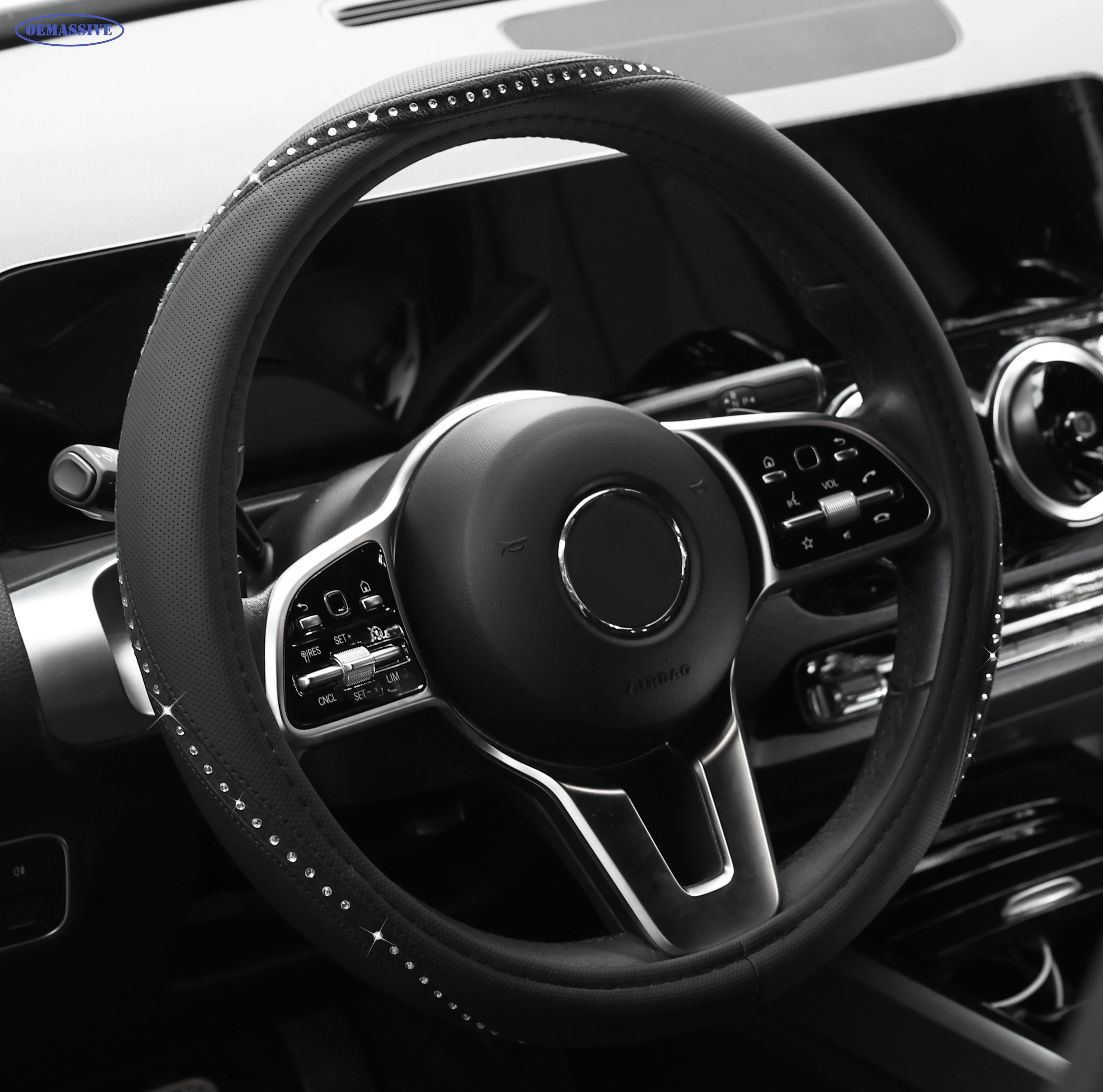 

For Opel Astra Corsa Insignia Mokka Zafira Car Steering Wheel Cover Leather 38cm with Crystal Rhinestone Breathable Non-slip