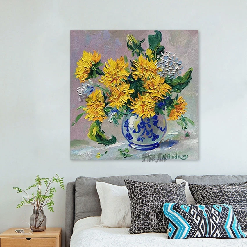 ديكورات الحائط لغرفة المعيشة لوحة سكين زهرة صفراء الحديثة قماش زهرة زهرية النفط اللوحة الفنية صور اليدوية