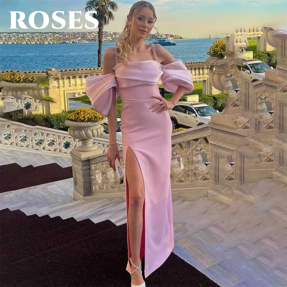 

ROSES Pink Evening Dresses Off The Shoulder Mermaid Party Dresses with Pleats Satin فساتين مناسبة رسمية High Split Prom Dresses