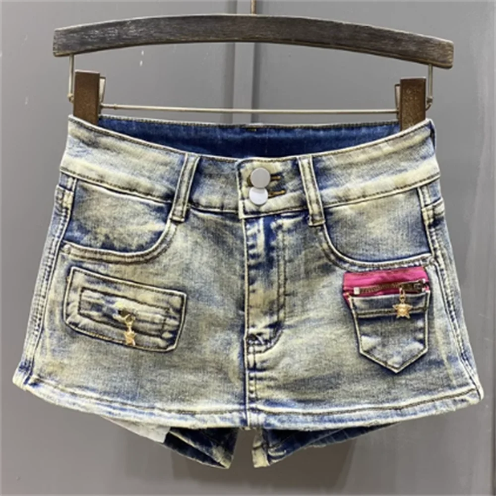 

girl low-waisted denim miniskirt trousers 2023 tight buttocks zip stretch short skirt women