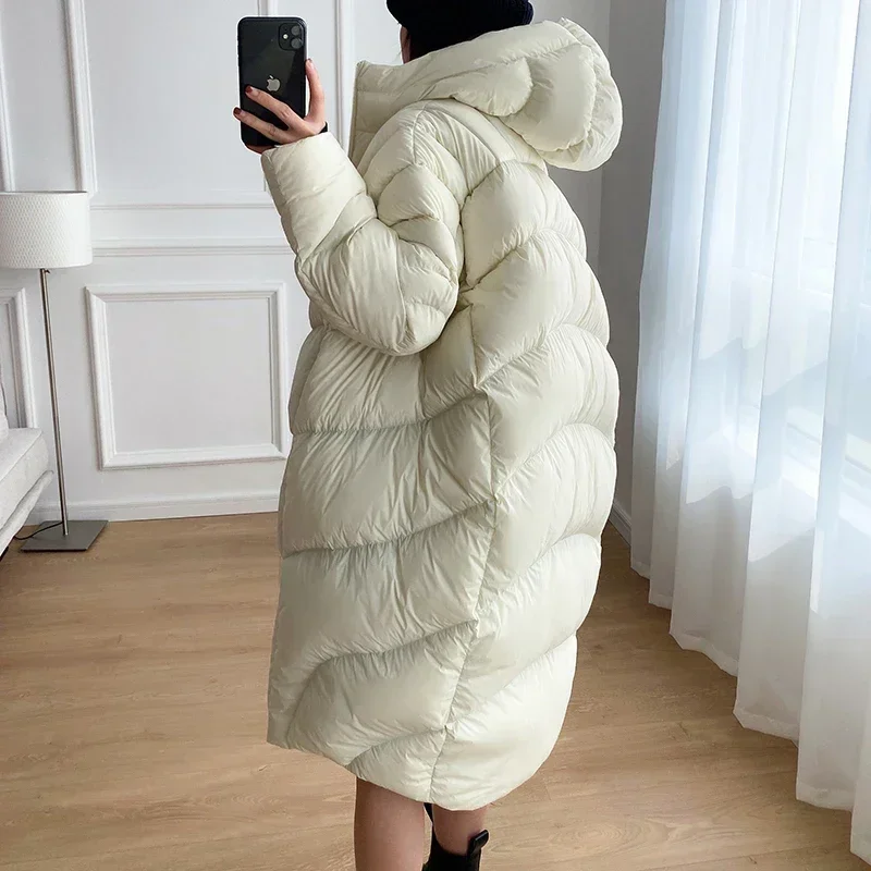 Simple Women\'s Winter Down Jacket Fluffy Warm Long Parka 2024 New High-end Cocoon Type Oversize Hooded White Duck Down Coat