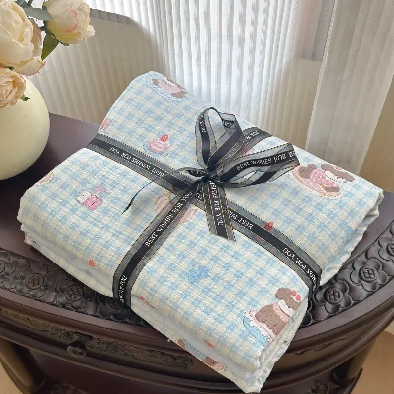 Class A washable aerobic double-layer yarn printing cloud wrinkle yarn four-piece set for home use