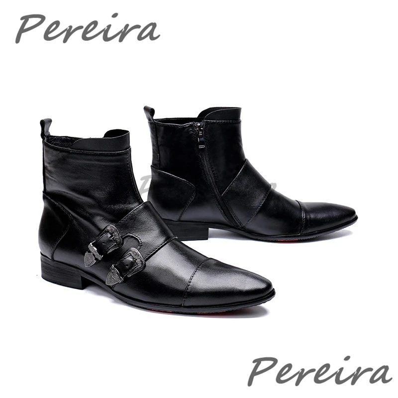 

Metal Double Buckle Knight Boots for Men Black Genuine Leather Pointy Toe Short Boots Party Wedding Business Casual Shoes