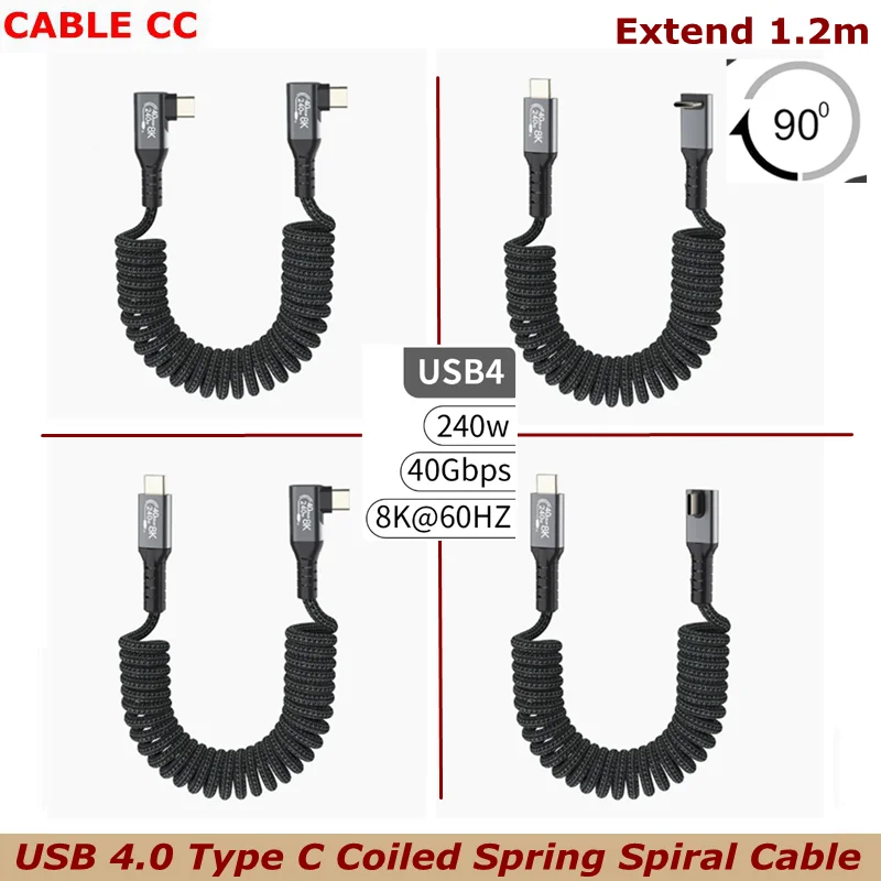 Left Right to Up Down Angle USB C to USB C Spring Coiled, USB4 Cable 240W 8K/6K @60hz 40Gbps Fast Data Charging Cord Type C