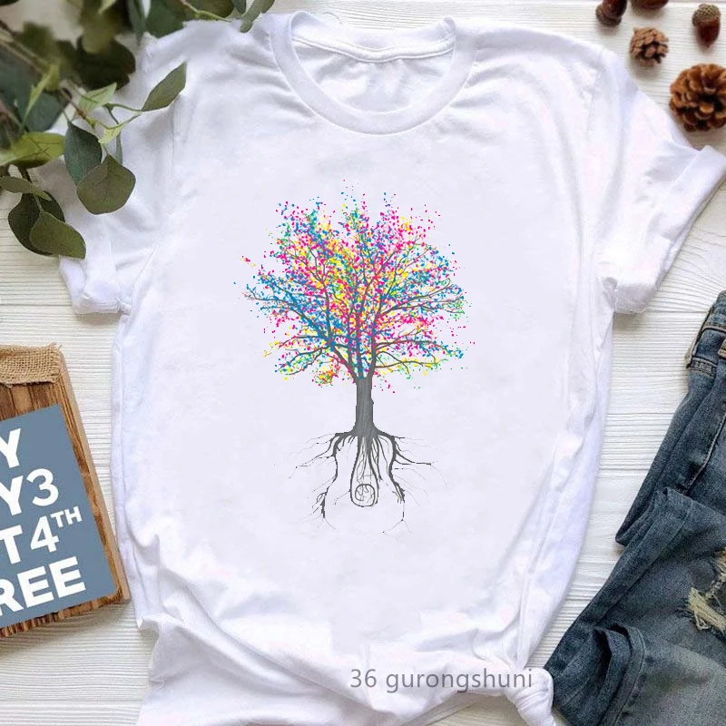 

Colorful Trees Print Tshirt Women Clothes 2024 Summer Short Sleeve T Shirt Femme Harajuku Shirt Fashion T-Shirt Female