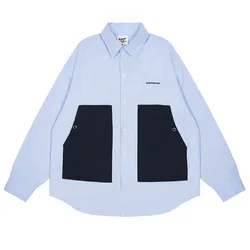 Spring and Autumn 2024 New Striped Shirt Silhouette Splicing Design Sense Long Sleeve Casual Lapel Pocket Cargo Shirt Men