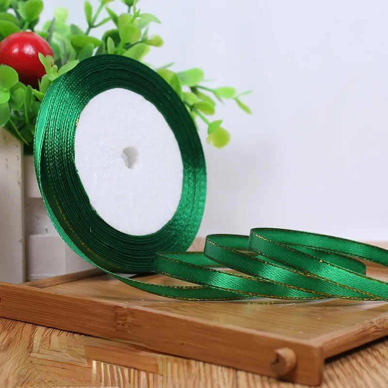 22meters/roll Width 6mm Gold Edged Single Face Satin Ribbon Wedding Flower Bouquet Gift Packing Christmas Decoration Manual DIY