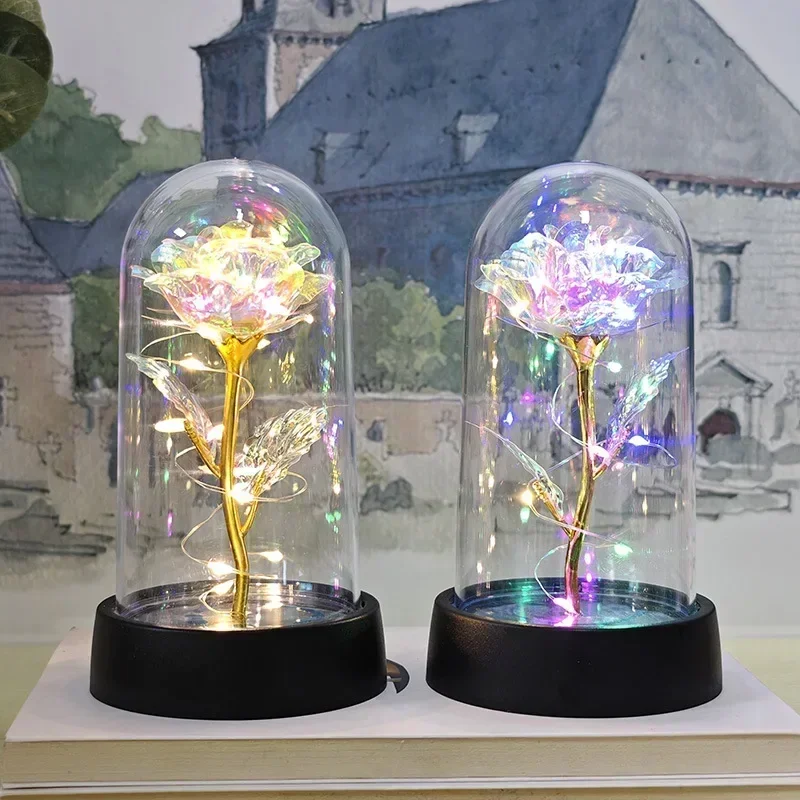 Valentine's Day Preserved Flower Glass Cover Colorful Rose LED Light Desktop Ornament Birthday Gift Manufacturer Spot