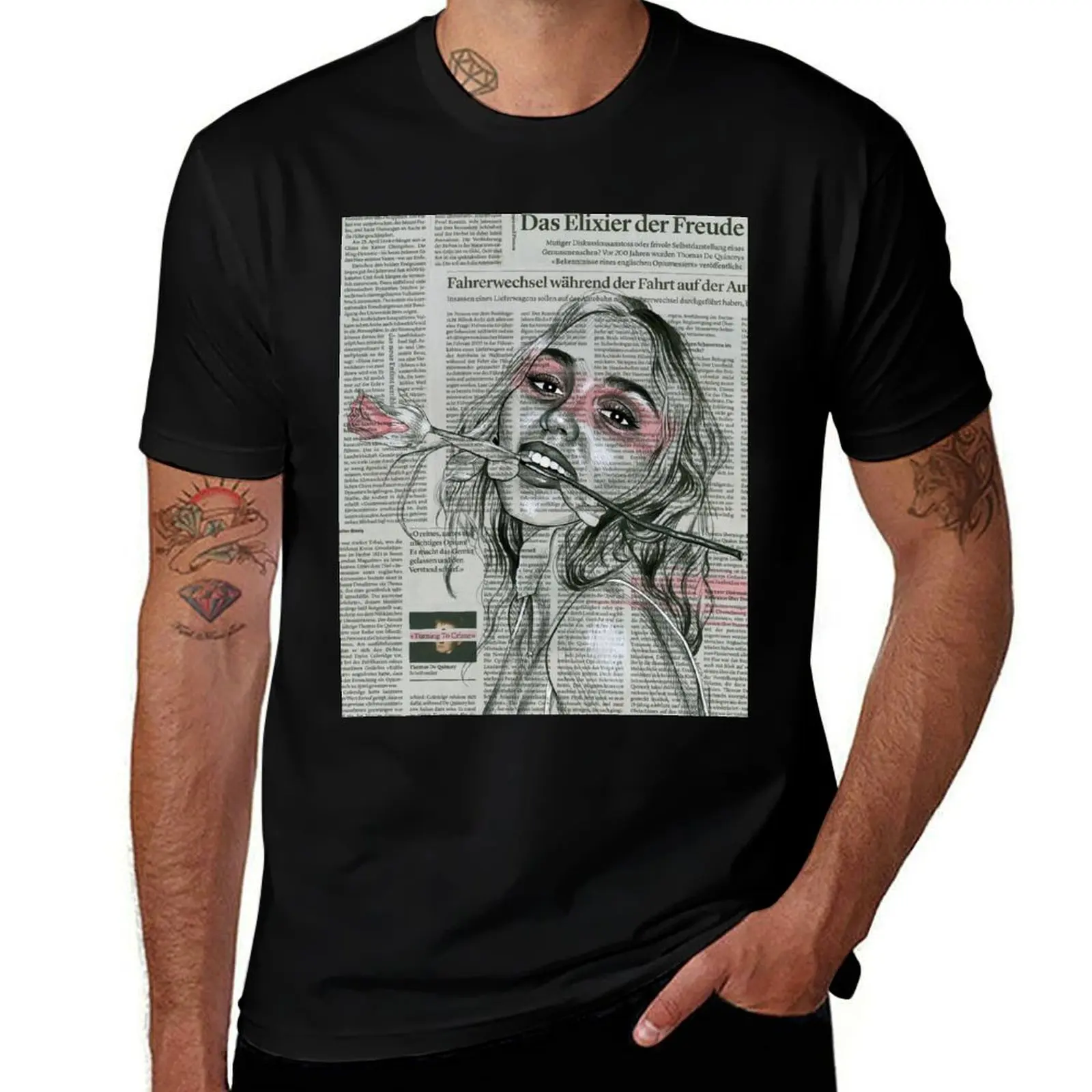 

Lily Rose Depp with Rose - Portrait on Newspaper (High Res) T-Shirt Trend Art Print T-Shirt