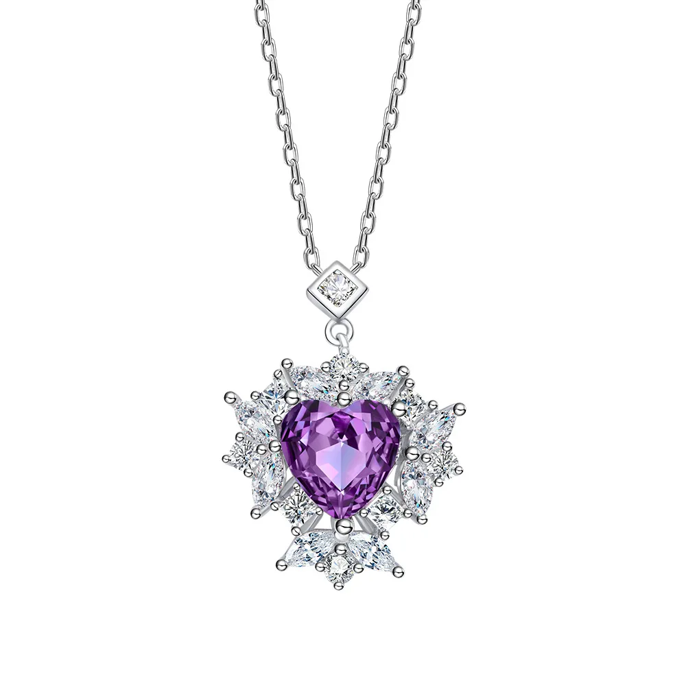 Zhenchengda Heart Shaped Amethyst Pendant 925 Sterling Silver Necklace Wholesale Women's Collarbone Chain