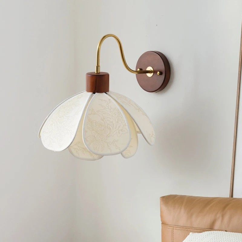 Japanese Wabi Sabi Fabric Wall Lamp Living Room Bathroom Mirror Lights Vintage Wood Wall Sconce Bedside Wall Light Home Decor