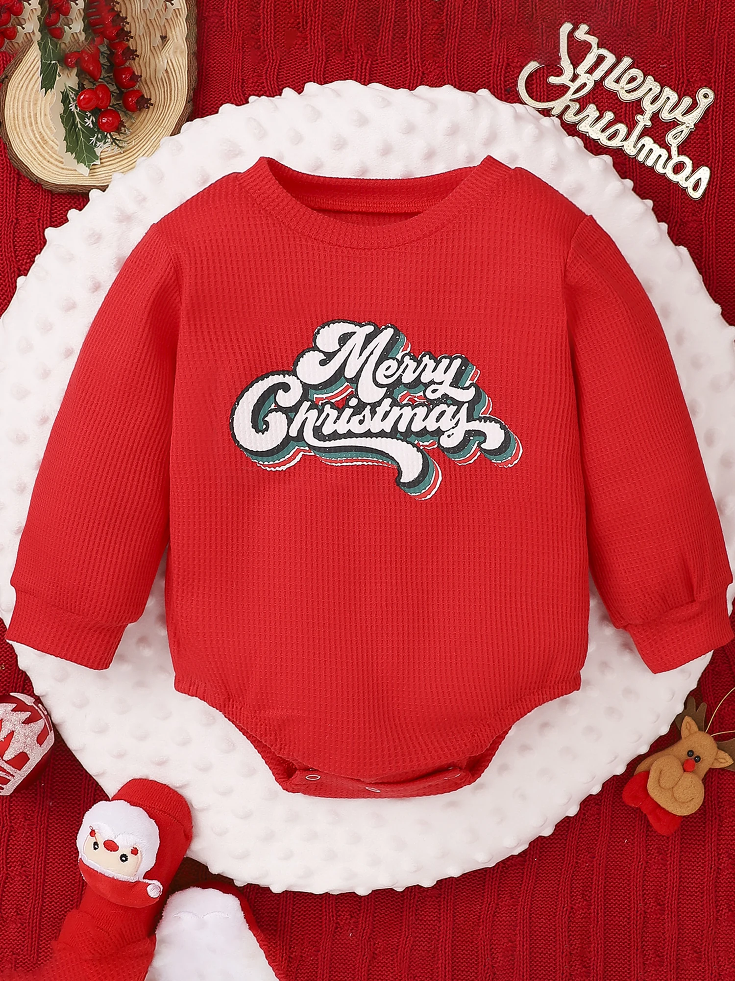 Infant Holiday Jumpsuit with Long Sleeves and Round Neckline featuring Festive Letter Print Design for Newborns in Winter