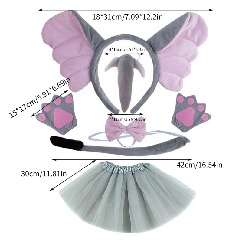 Kids Animal Costume Elephant Ear Headbands Bowtie Tail Nose Glove 4/5/6