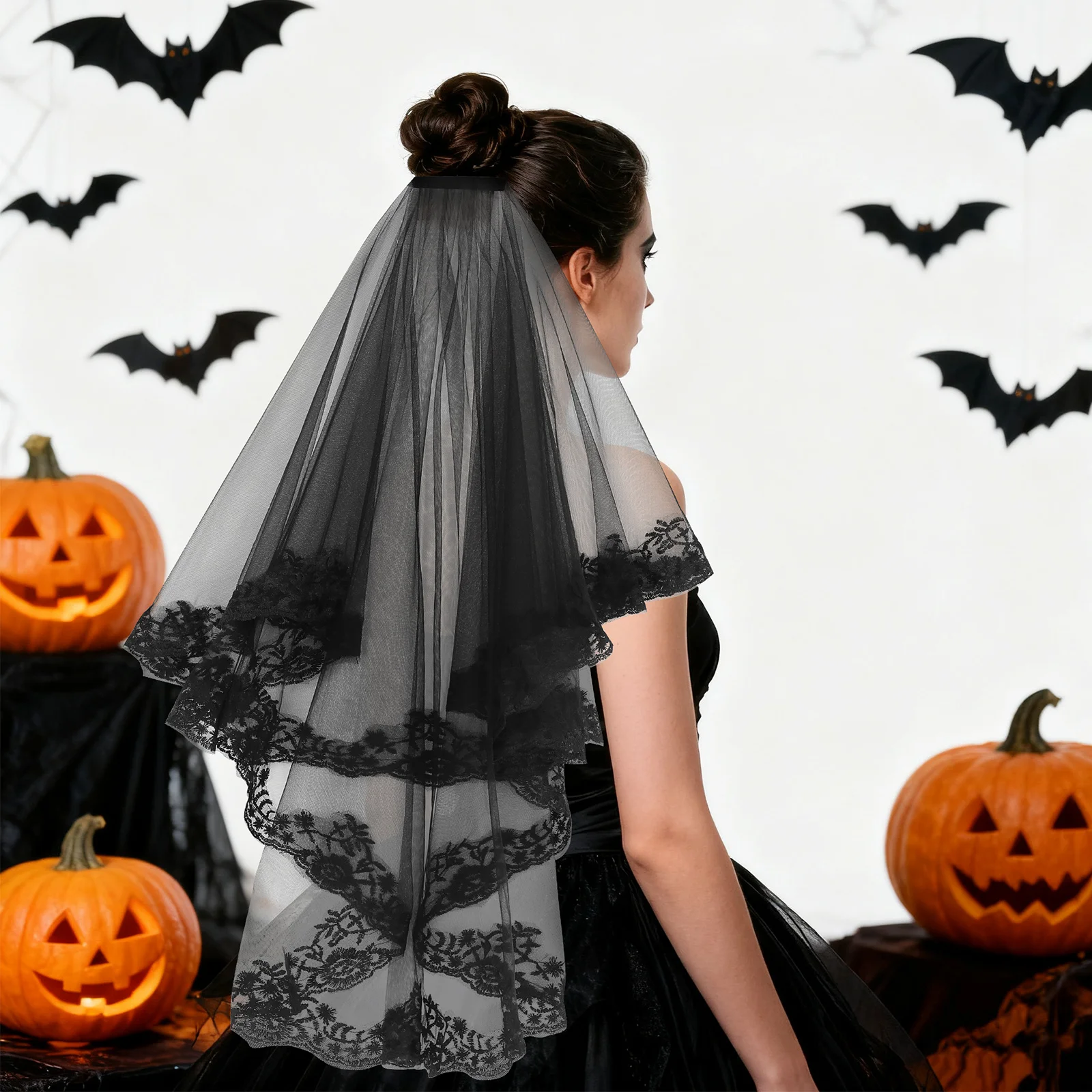 

Vintage Black Lace Bridal Wedding Veil Durable Grenadine Material Elegant Mantilla Suitable for Halloween Bride Veil Cosplay