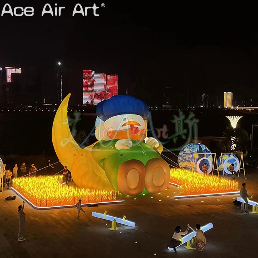 Reclining Inflatable Old People and Moon Base LED Lights Are Used for Outdoor Display or Large-scale Activities