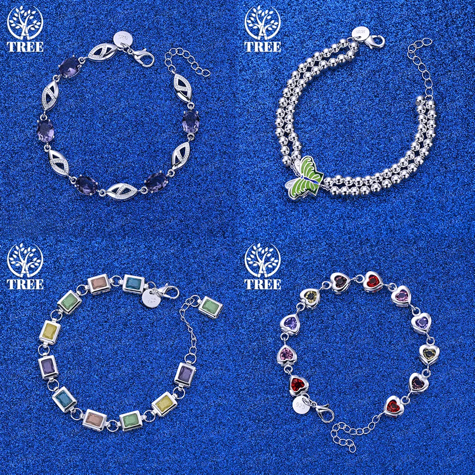 

Classic 925 Sterling Silver Butterfly Bead Chain Heart Square Colored Zircon Bracelets Women Party Birthday Gift Fashion Jewelry