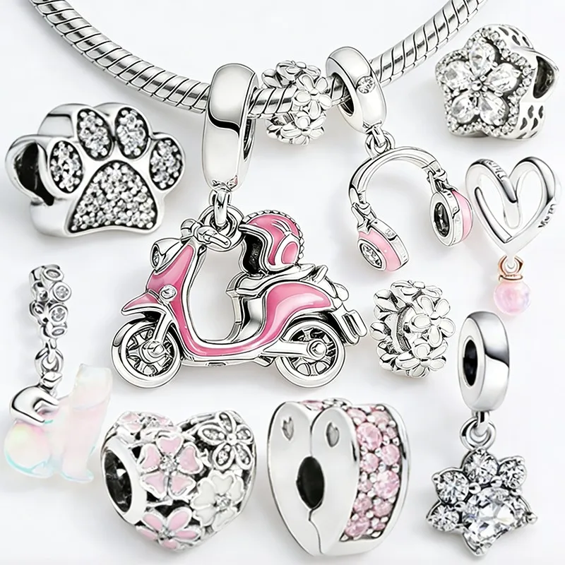 

Hot-Selling DIY Motorcycle Earphones Flower Pink Series Charms Bead Pendant Clips Fit Original European Snake Bone Jewelry Gift