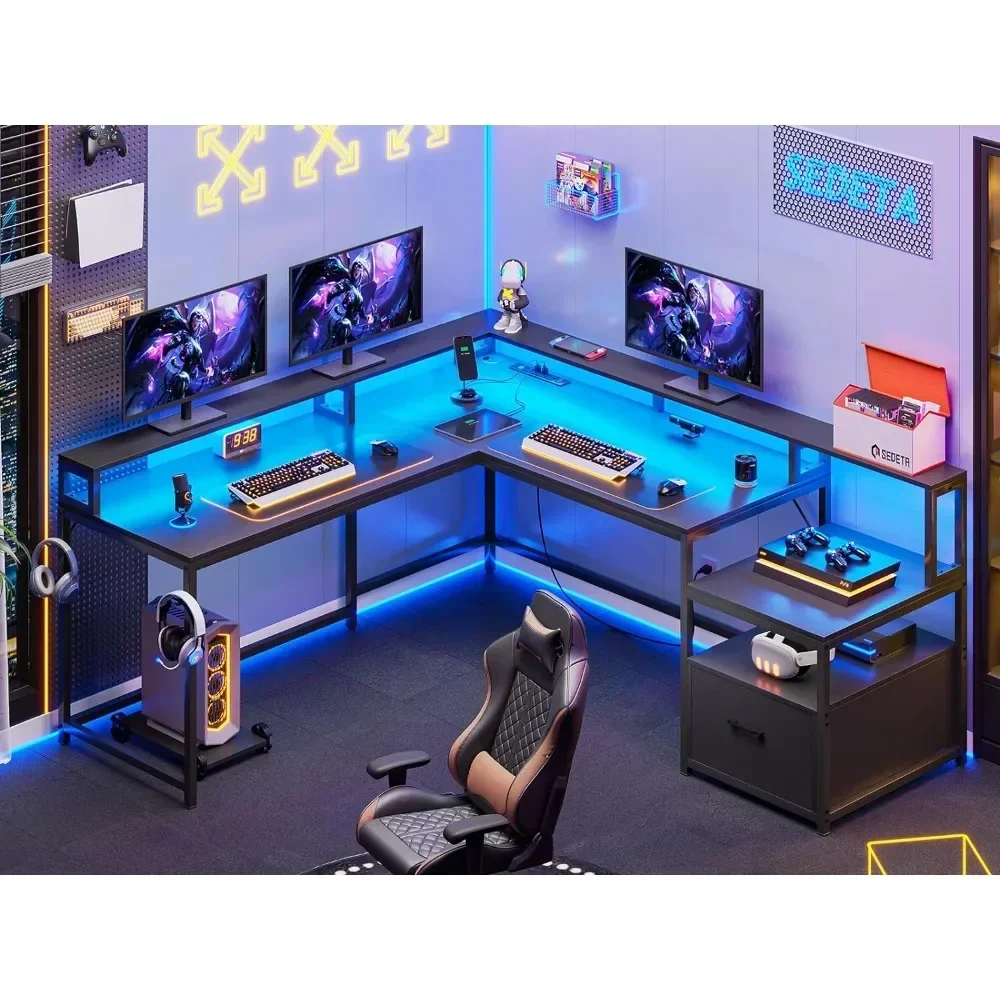 Computer Desk, L Shaped Gaming Desks, with File Drawer & Power Outlet, with Led Lights, Monitor Shelf, Computer Desk