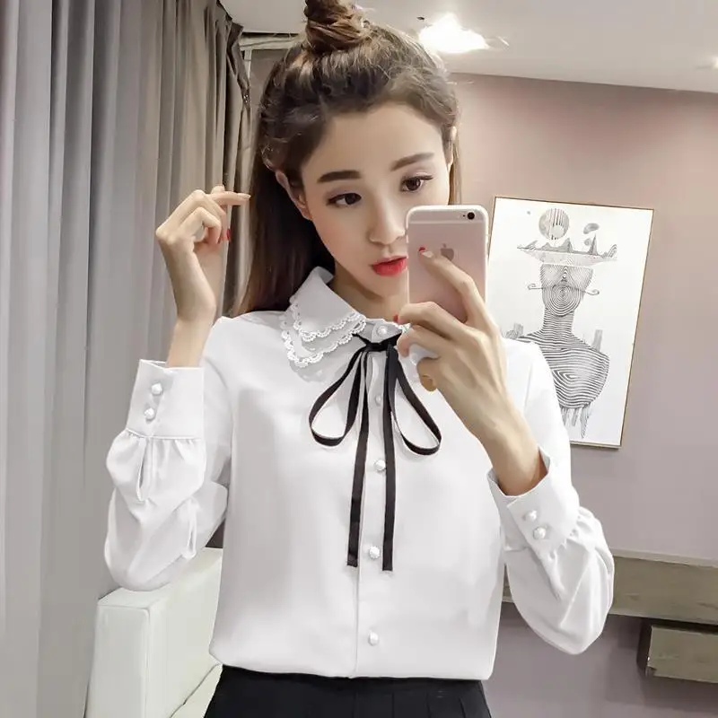 Sweet Peter Pan Collar Spliced Lace Up Bow Shirt Women\'s Clothing 2023 Spring New Oversized Casual Tops Office Lady Blouse