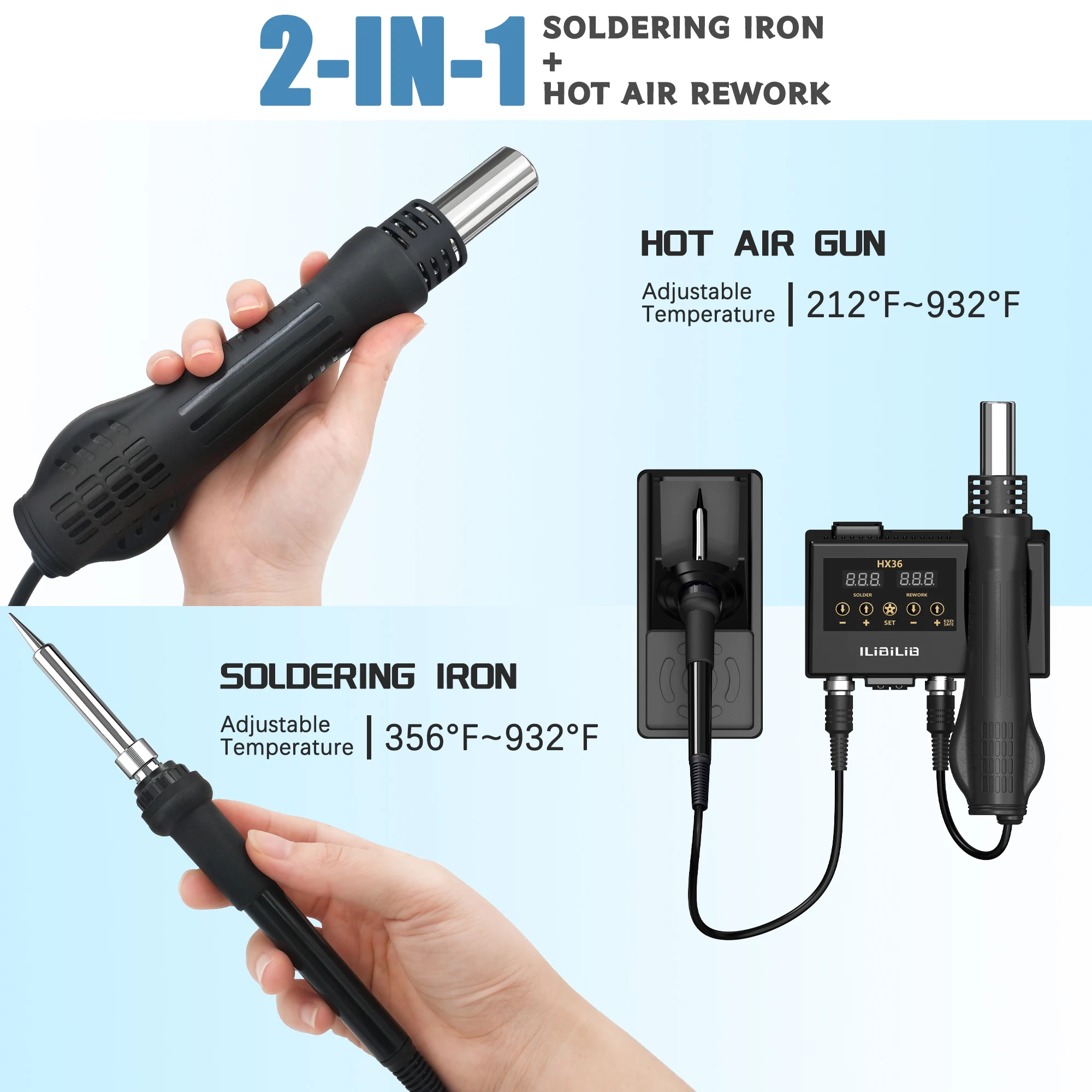 ILIBILIB Digital Soldering Station, 600W Equivalent W/Precision Heat Control (356°F to 932°F) and Built-in Transformer. ESD Safe