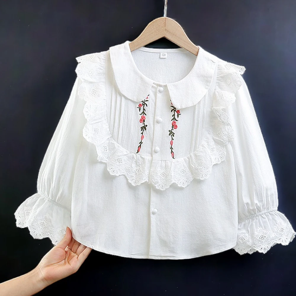 Kids Tops Outfits Shirts Girls Blouses Embroidery Flower Long Sleeve Teenagers Costumes Children Clothes 4 5 6 7 8 9 10 12 Years