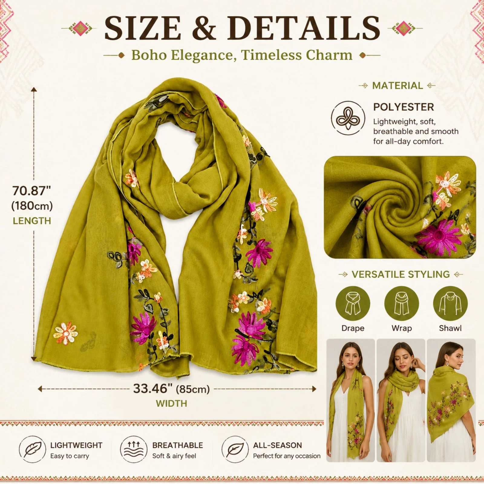 Fresh Floral Embroidered Chiffon Long Scarf – Ethnic Sun Protection Shawl, Versatile Multi-Use Decorative Wrap