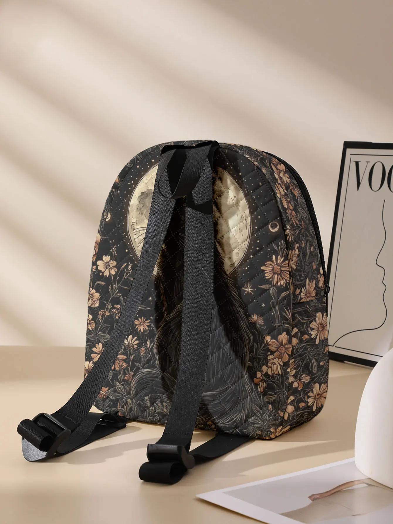 Black Cat Moon Floral Print Quilted Compact Backpack, Suitable For Outdoor, Travel, Campus, Unisex For Men And Women Daily Use