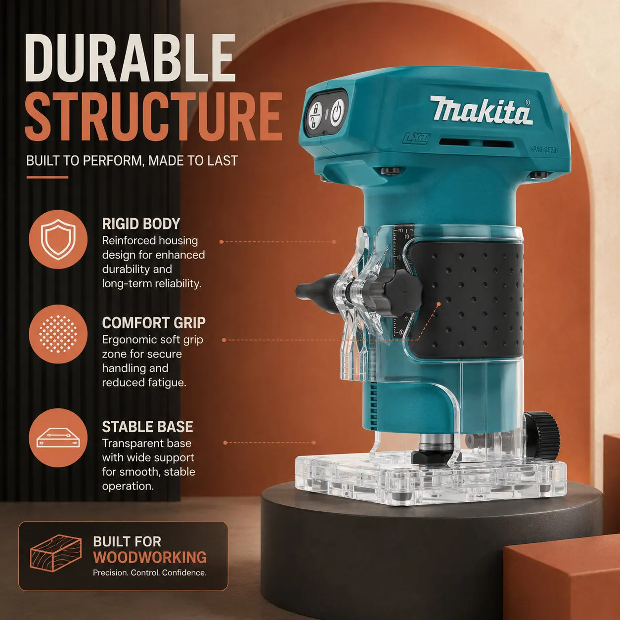 Makita DRT52 Kompakter Akku-Oberfräser 18V LXT, Vielseitiges professionelles Holzbearbeitungsgerät für präzises Multitasking, einschließlich Kantenfräsen, Nutenfräsen und Schlitzarbeiten
