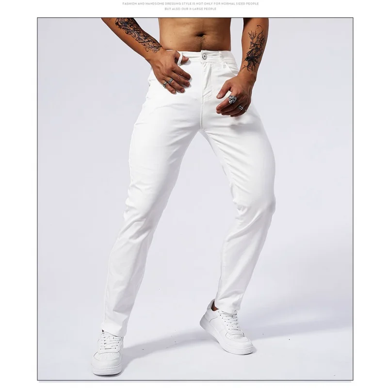 White Muscle Jeans Men's Tight Stretch Soft Comfortable Breathable Summer Thin Fashion Slim Fit Skinny Pants
