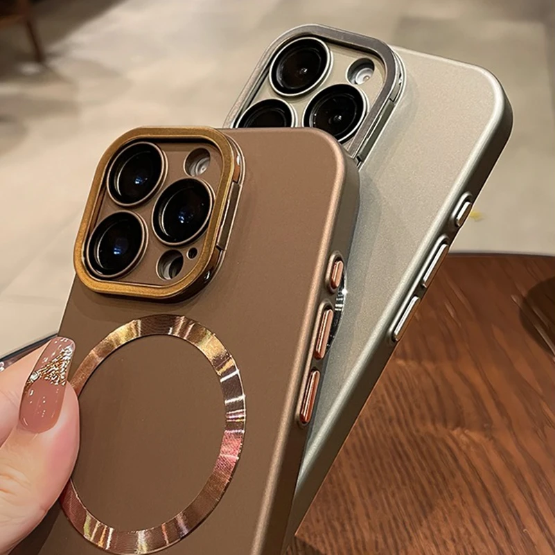 Business Slim Matte Magsafe Case for iPhone 16 14 15 Pro Max 16 Plus Fold Lens Stand Holder Wireless Charging Shockproof Cover